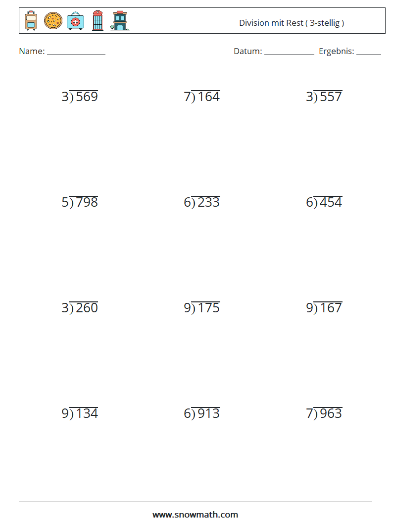 (12) Division mit Rest ( 3-stellig ) Mathe-Arbeitsblätter 17