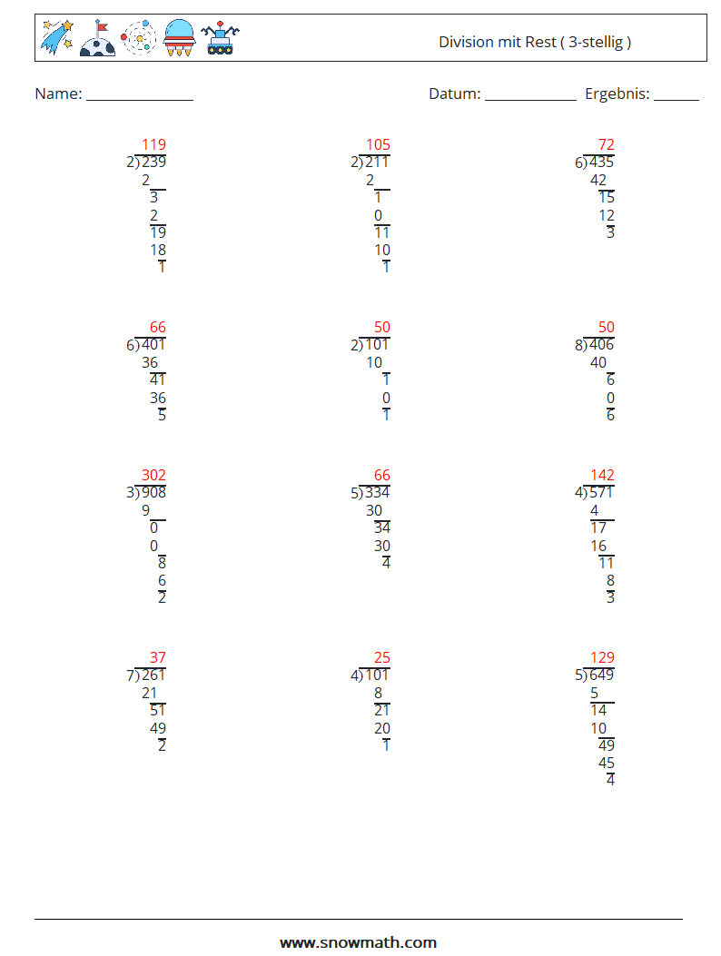 (12) Division mit Rest ( 3-stellig ) Mathe-Arbeitsblätter 1 Frage, Antwort