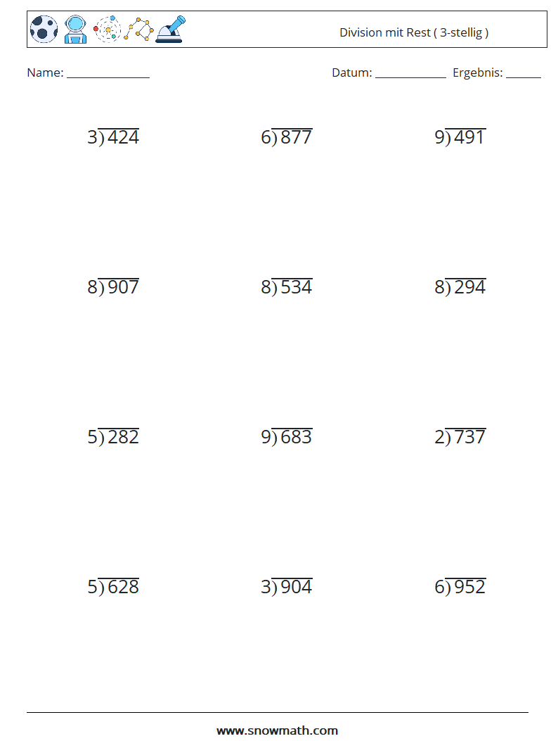 (12) Division mit Rest ( 3-stellig ) Mathe-Arbeitsblätter 2