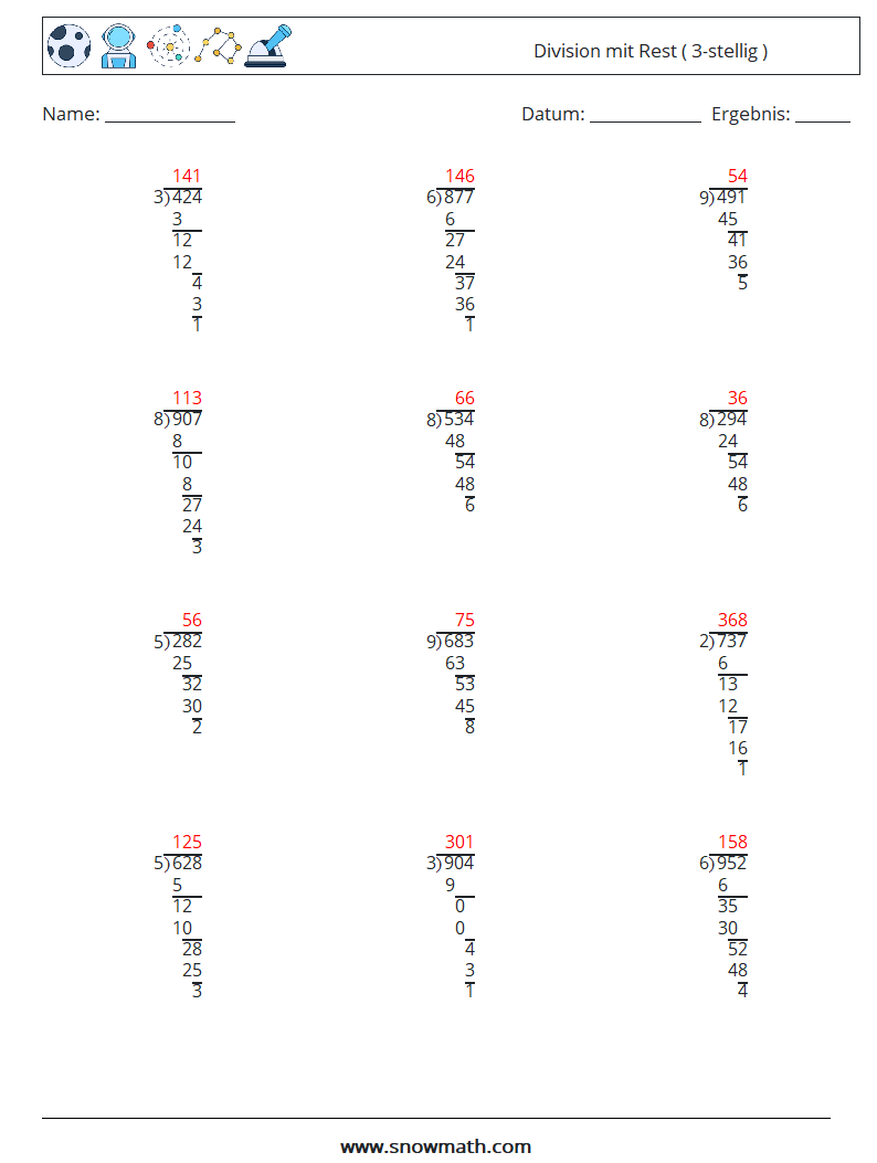 (12) Division mit Rest ( 3-stellig ) Mathe-Arbeitsblätter 2 Frage, Antwort