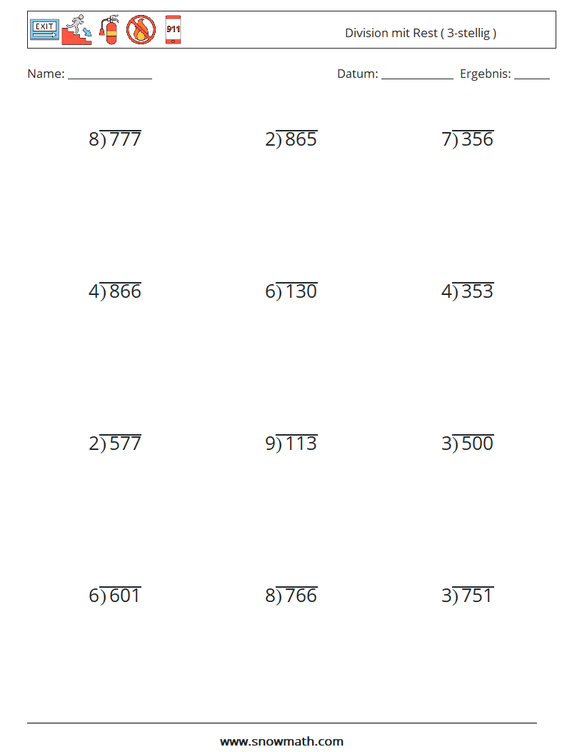 (12) Division mit Rest ( 3-stellig ) Mathe-Arbeitsblätter 3
