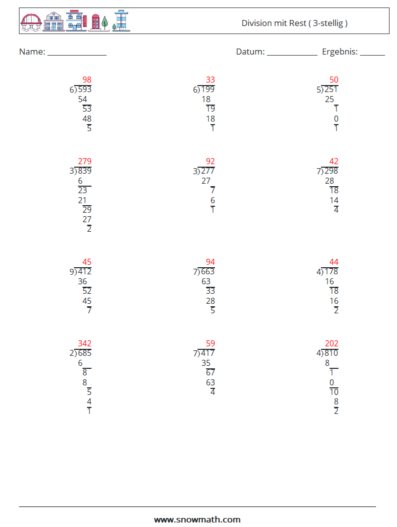 (12) Division mit Rest ( 3-stellig ) Mathe-Arbeitsblätter 4 Frage, Antwort