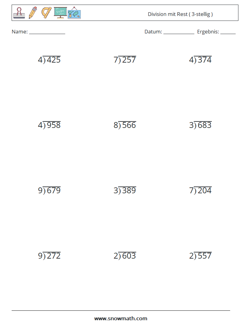 (12) Division mit Rest ( 3-stellig ) Mathe-Arbeitsblätter 5