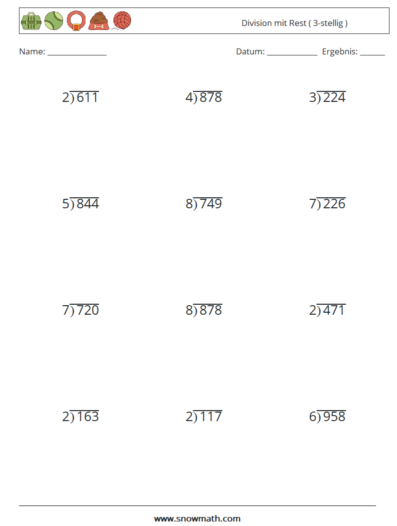(12) Division mit Rest ( 3-stellig ) Mathe-Arbeitsblätter 8