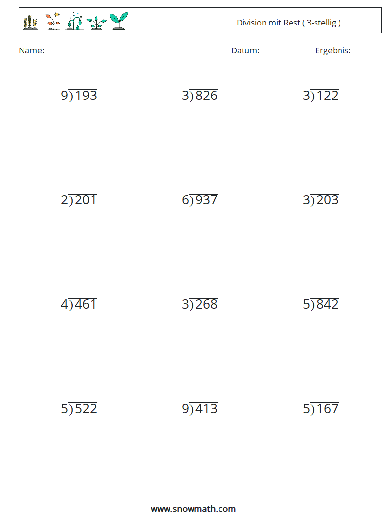 (12) Division mit Rest ( 3-stellig ) Mathe-Arbeitsblätter 9