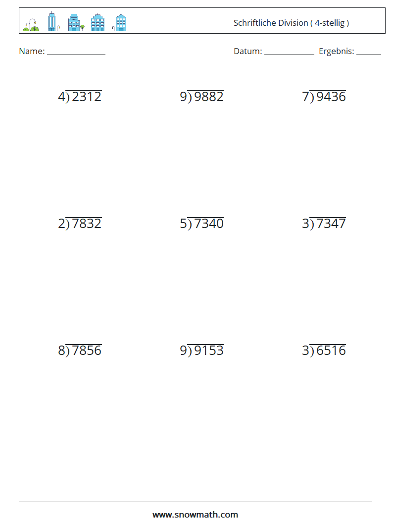 (9) Schriftliche Division ( 4-stellig ) Mathe-Arbeitsblätter 10