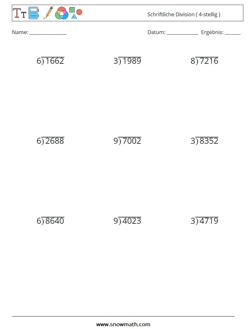 (9) Schriftliche Division ( 4-stellig ) Mathe-Arbeitsblätter 15