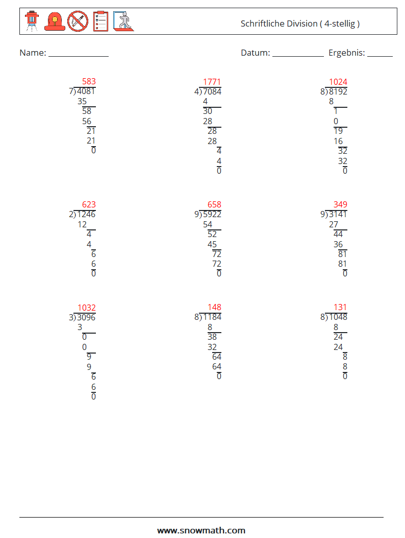 (9) Schriftliche Division ( 4-stellig ) Mathe-Arbeitsblätter 16 Frage, Antwort