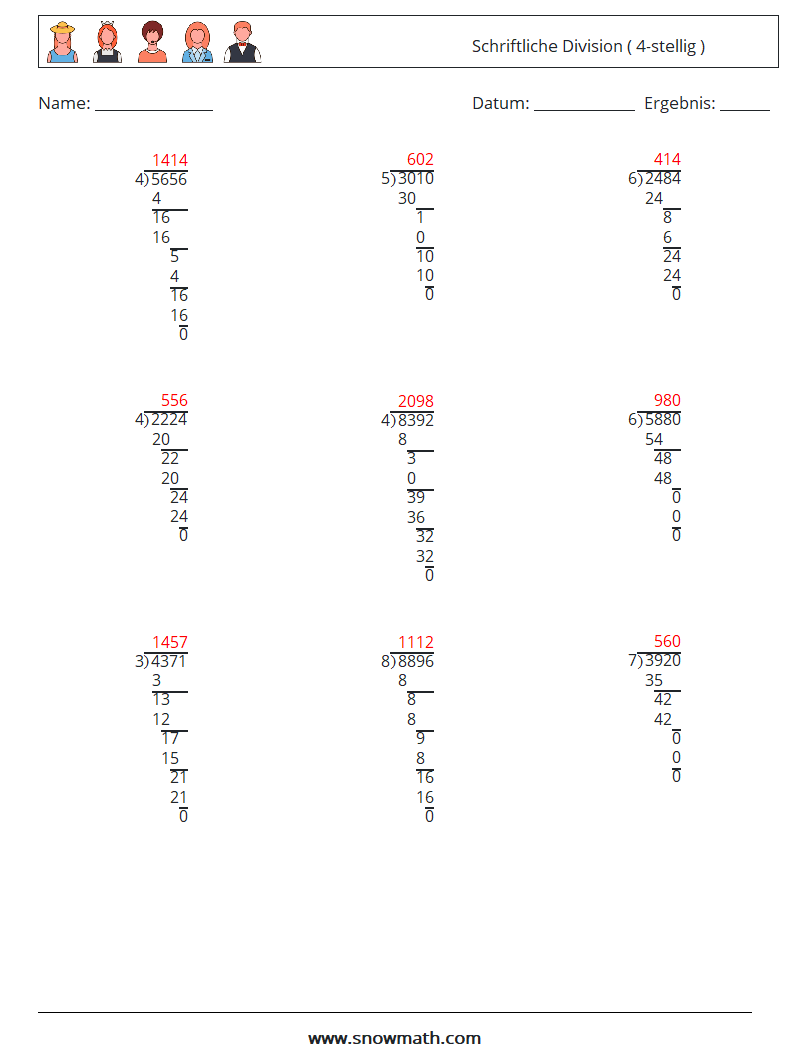 (9) Schriftliche Division ( 4-stellig ) Mathe-Arbeitsblätter 17 Frage, Antwort