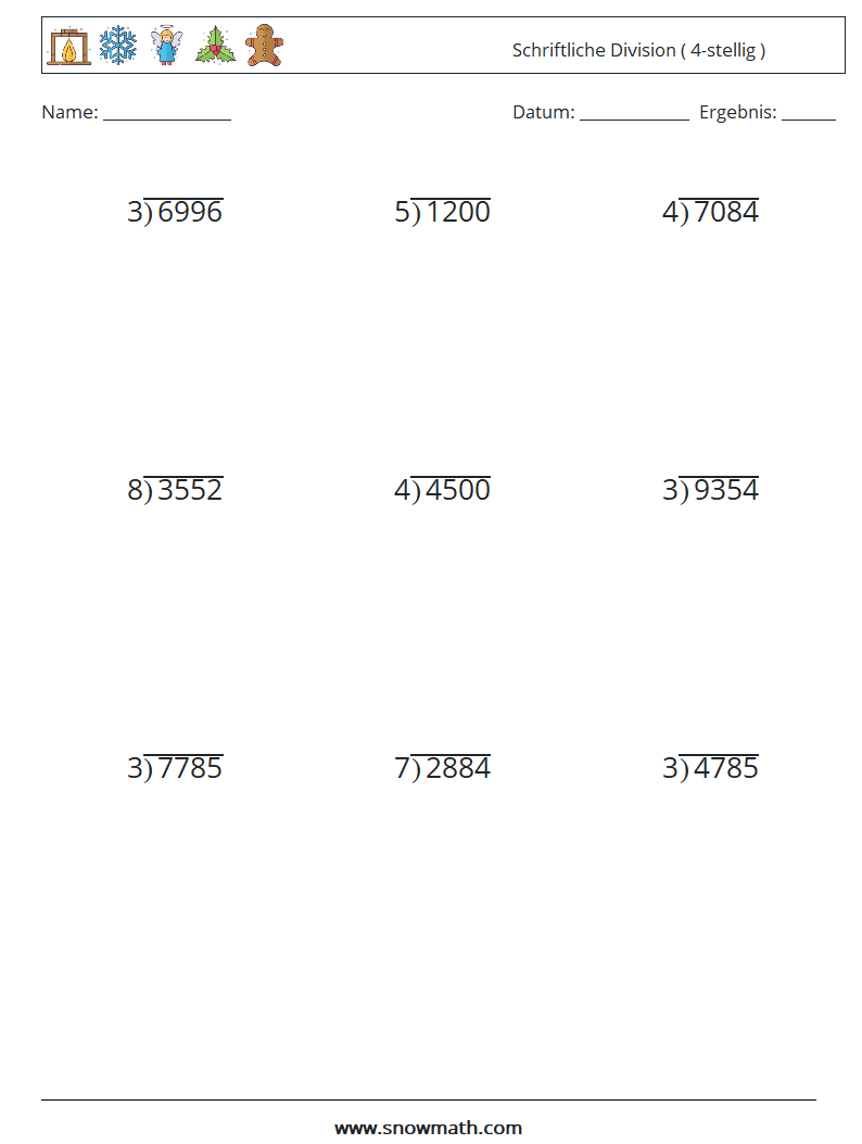 (9) Schriftliche Division ( 4-stellig ) Mathe-Arbeitsblätter 18