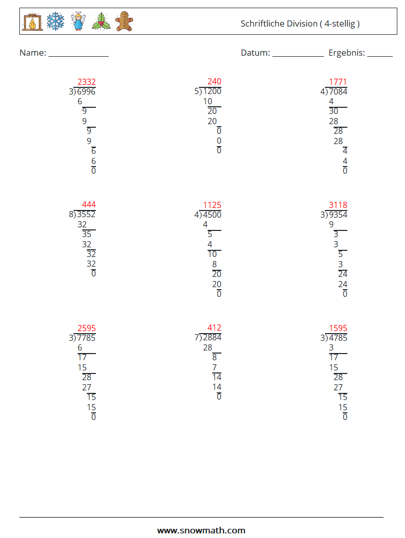 (9) Schriftliche Division ( 4-stellig ) Mathe-Arbeitsblätter 18 Frage, Antwort