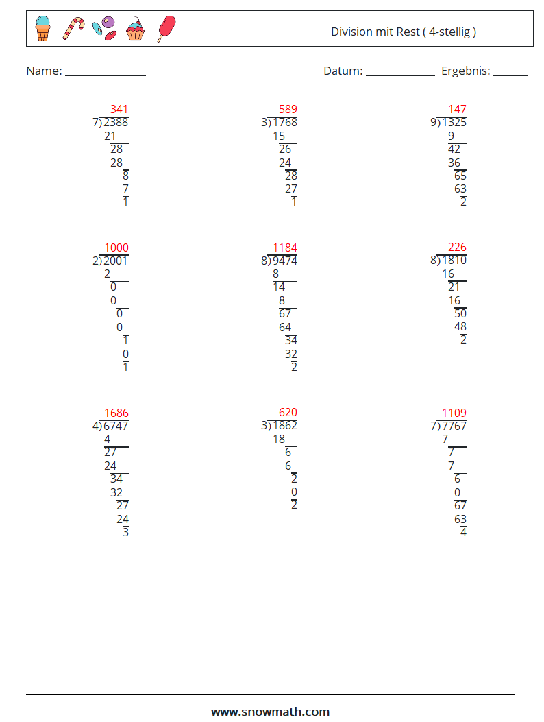 (9) Division mit Rest ( 4-stellig ) Mathe-Arbeitsblätter 10 Frage, Antwort