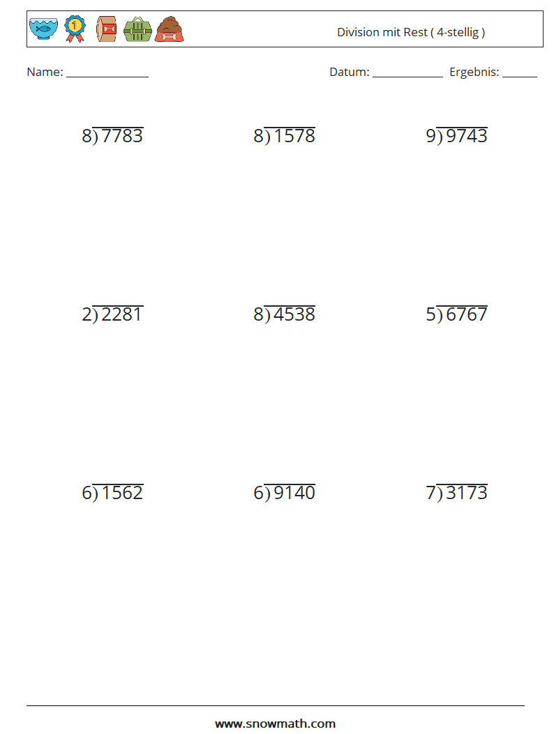 (9) Division mit Rest ( 4-stellig ) Mathe-Arbeitsblätter 11