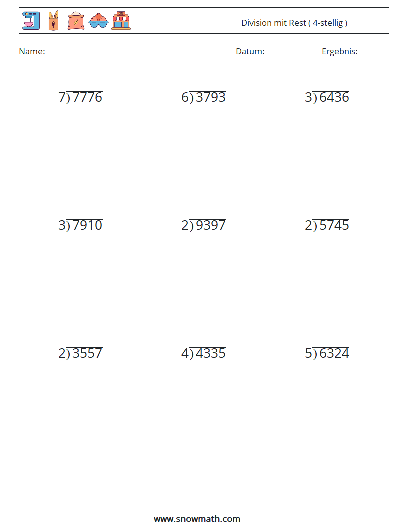 (9) Division mit Rest ( 4-stellig ) Mathe-Arbeitsblätter 12