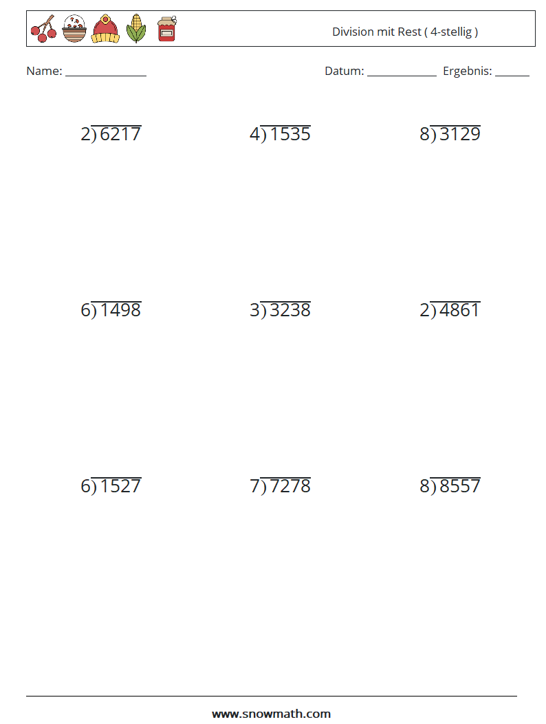(9) Division mit Rest ( 4-stellig ) Mathe-Arbeitsblätter 14