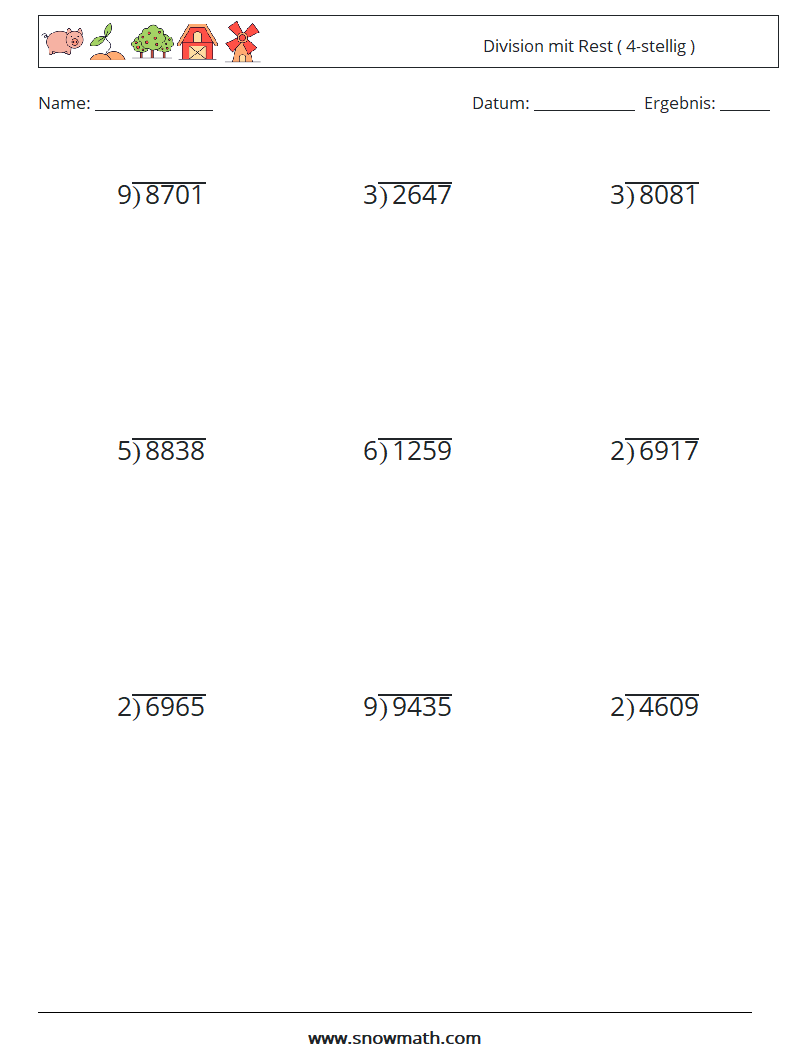 (9) Division mit Rest ( 4-stellig ) Mathe-Arbeitsblätter 15