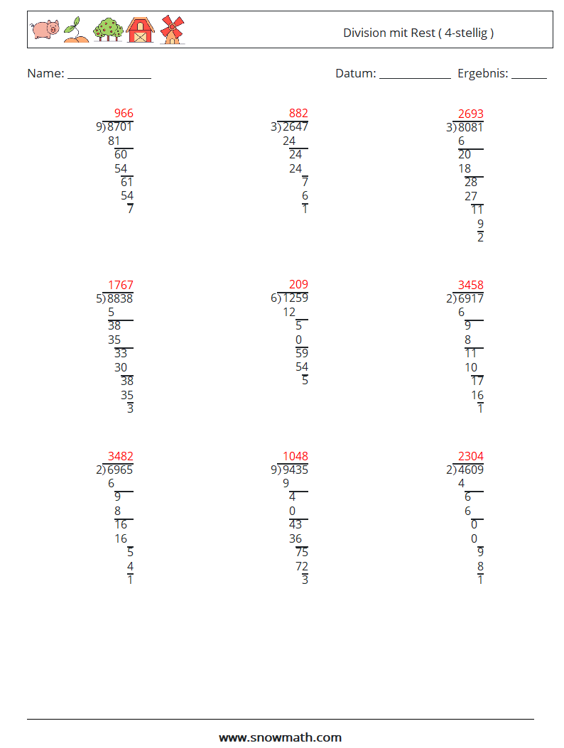 (9) Division mit Rest ( 4-stellig ) Mathe-Arbeitsblätter 15 Frage, Antwort