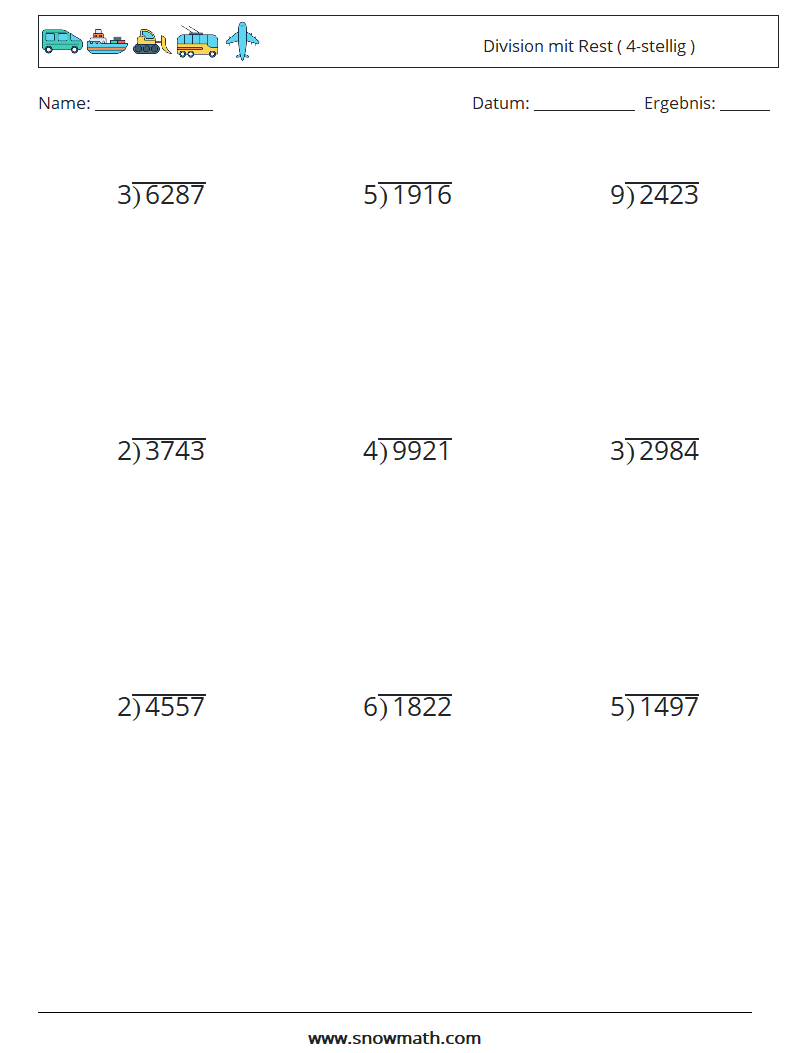 (9) Division mit Rest ( 4-stellig ) Mathe-Arbeitsblätter 16