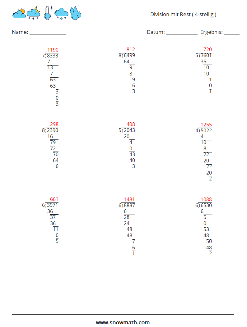 (9) Division mit Rest ( 4-stellig ) Mathe-Arbeitsblätter 17 Frage, Antwort