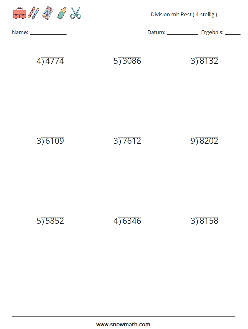 (9) Division mit Rest ( 4-stellig ) Mathe-Arbeitsblätter 3