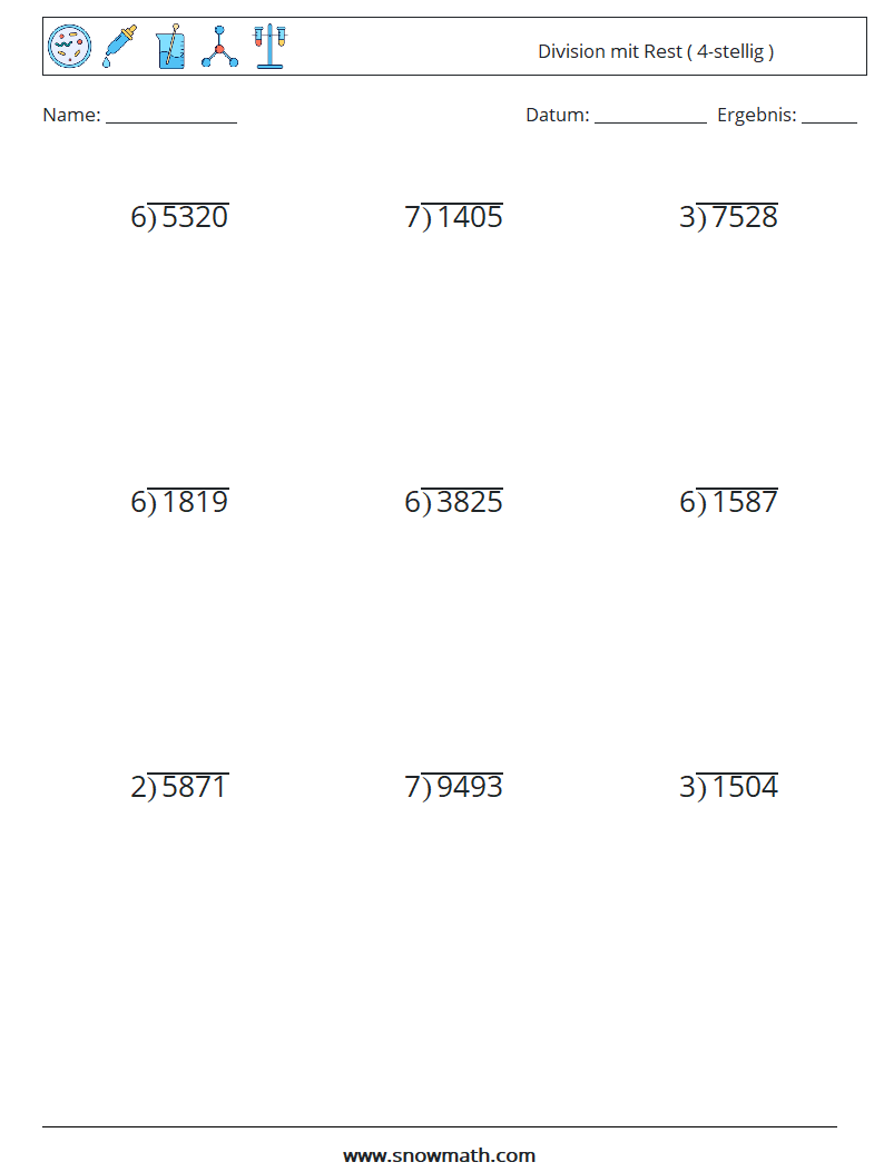 (9) Division mit Rest ( 4-stellig ) Mathe-Arbeitsblätter 4