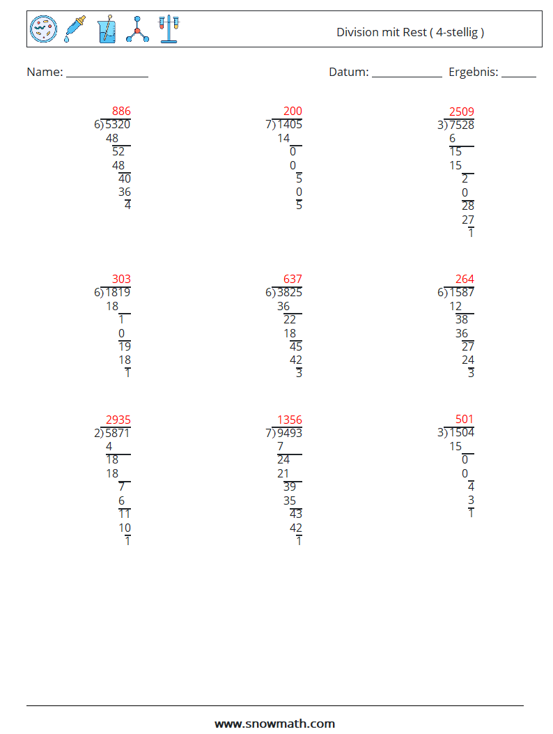(9) Division mit Rest ( 4-stellig ) Mathe-Arbeitsblätter 4 Frage, Antwort