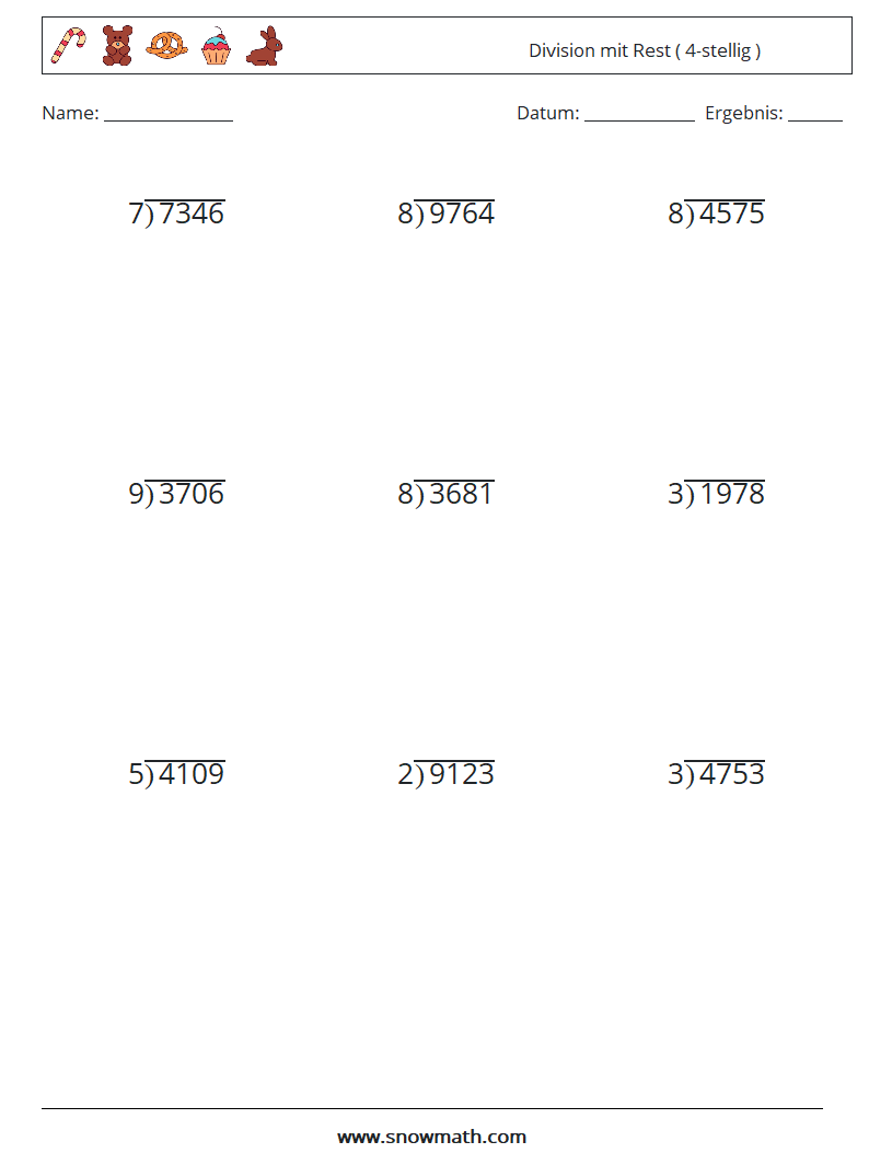 (9) Division mit Rest ( 4-stellig ) Mathe-Arbeitsblätter 7