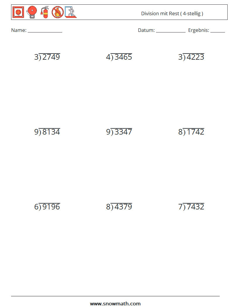 (9) Division mit Rest ( 4-stellig ) Mathe-Arbeitsblätter 8