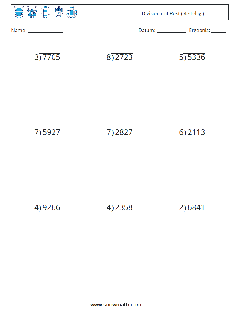 (9) Division mit Rest ( 4-stellig ) Mathe-Arbeitsblätter 9