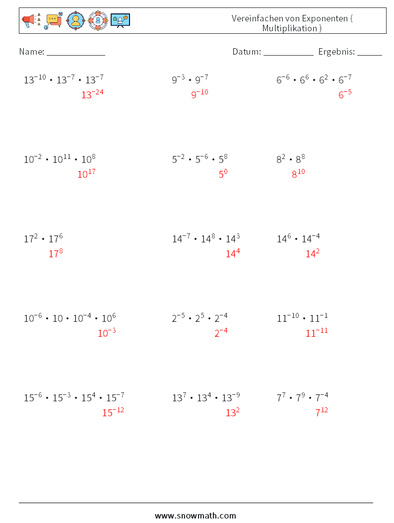 Vereinfachen von Exponenten ( Multiplikation ) Mathe-Arbeitsblätter 1 Frage, Antwort