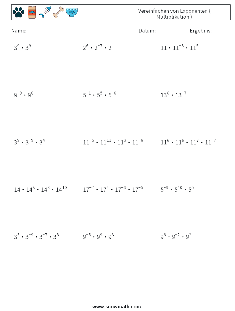 Vereinfachen von Exponenten ( Multiplikation ) Mathe-Arbeitsblätter 2