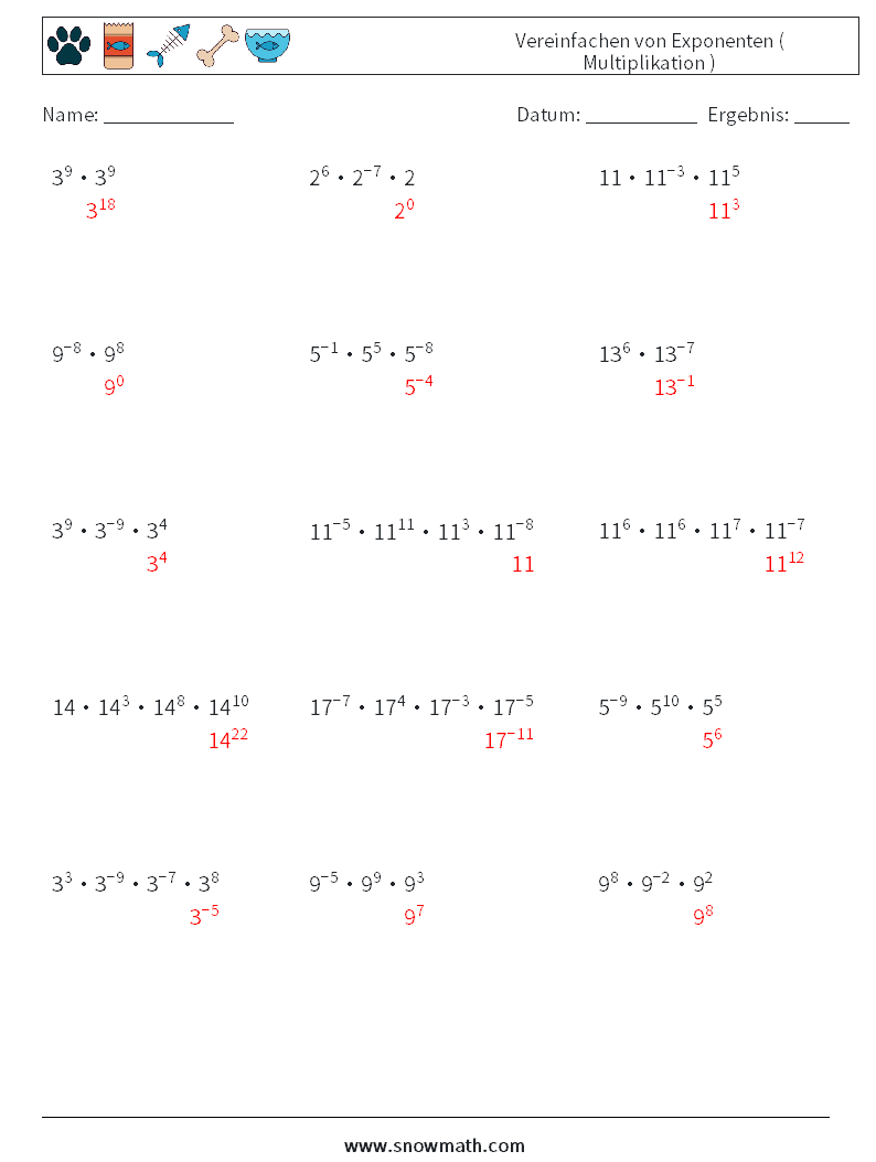 Vereinfachen von Exponenten ( Multiplikation ) Mathe-Arbeitsblätter 2 Frage, Antwort