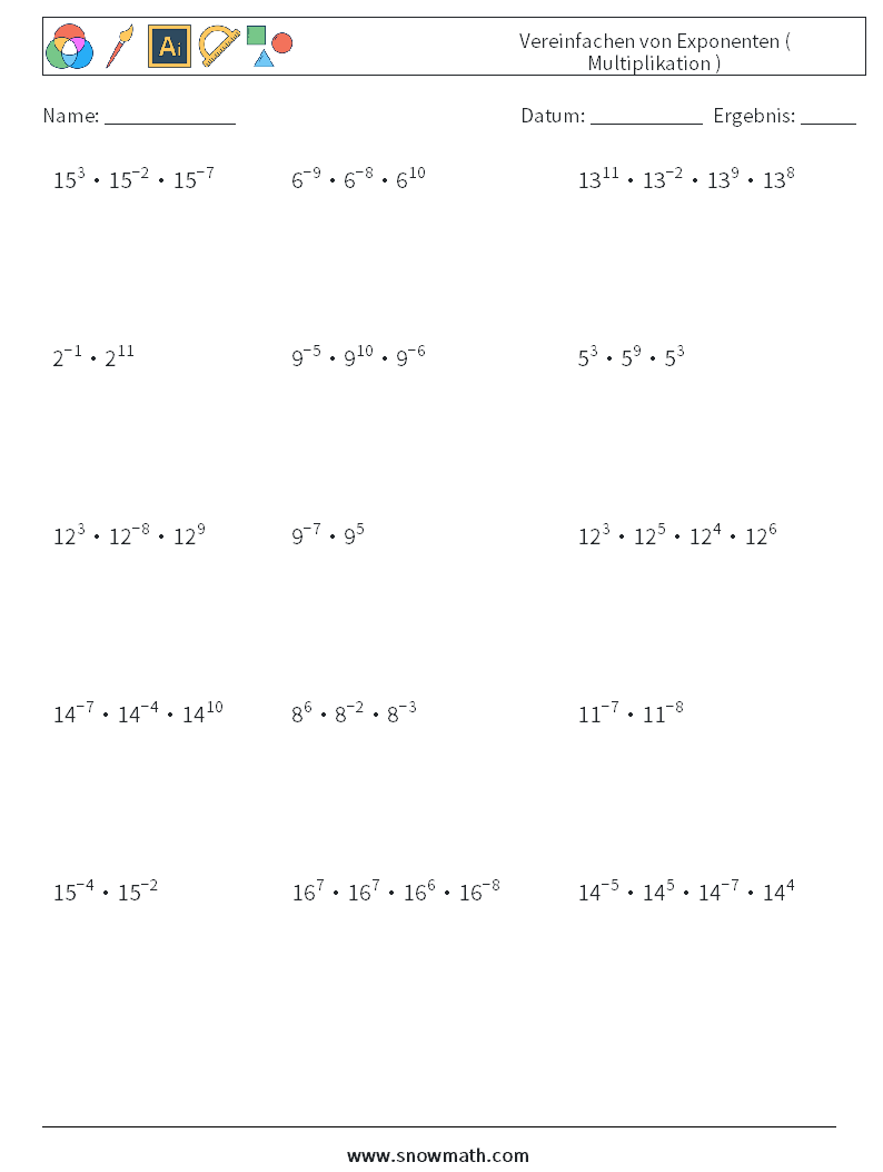 Vereinfachen von Exponenten ( Multiplikation ) Mathe-Arbeitsblätter 3