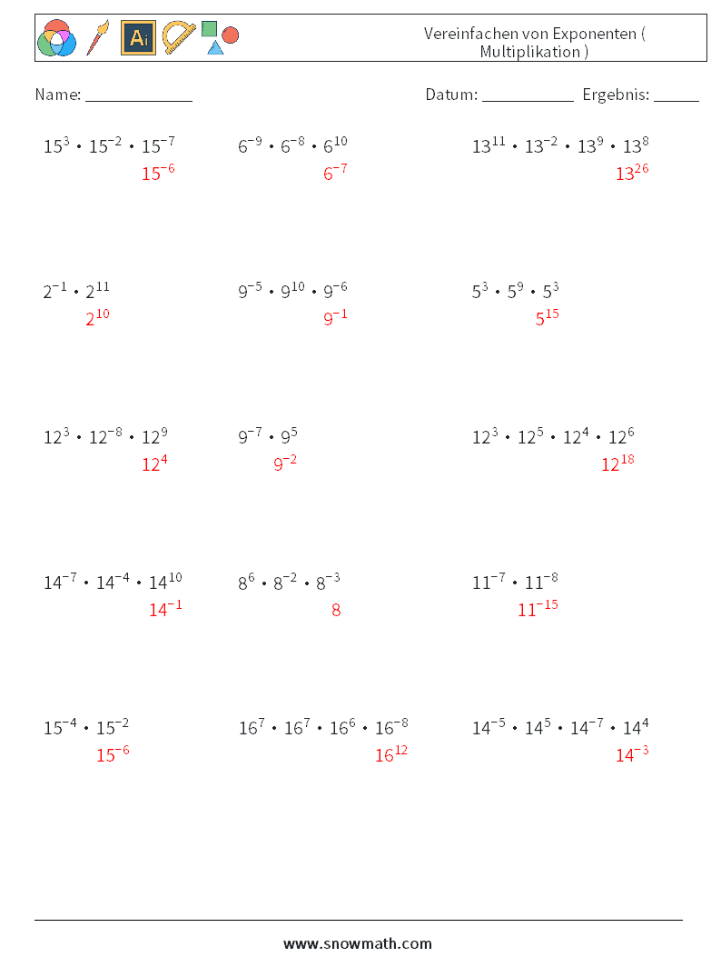 Vereinfachen von Exponenten ( Multiplikation ) Mathe-Arbeitsblätter 3 Frage, Antwort