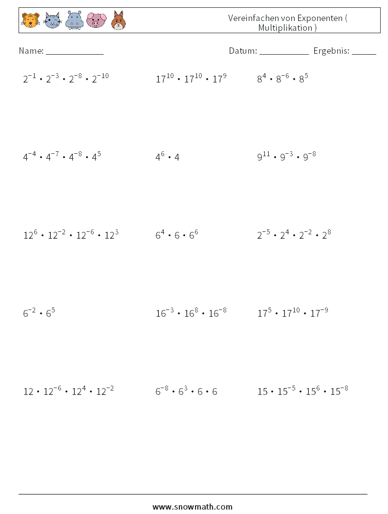 Vereinfachen von Exponenten ( Multiplikation ) Mathe-Arbeitsblätter 4