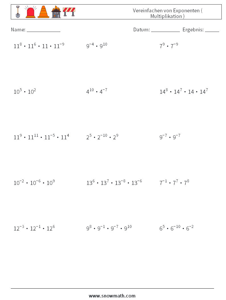 Vereinfachen von Exponenten ( Multiplikation ) Mathe-Arbeitsblätter 5