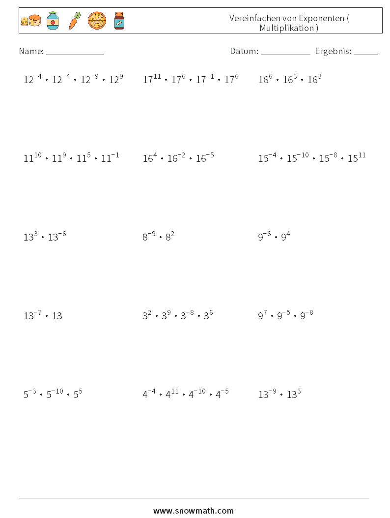 Vereinfachen von Exponenten ( Multiplikation ) Mathe-Arbeitsblätter 7