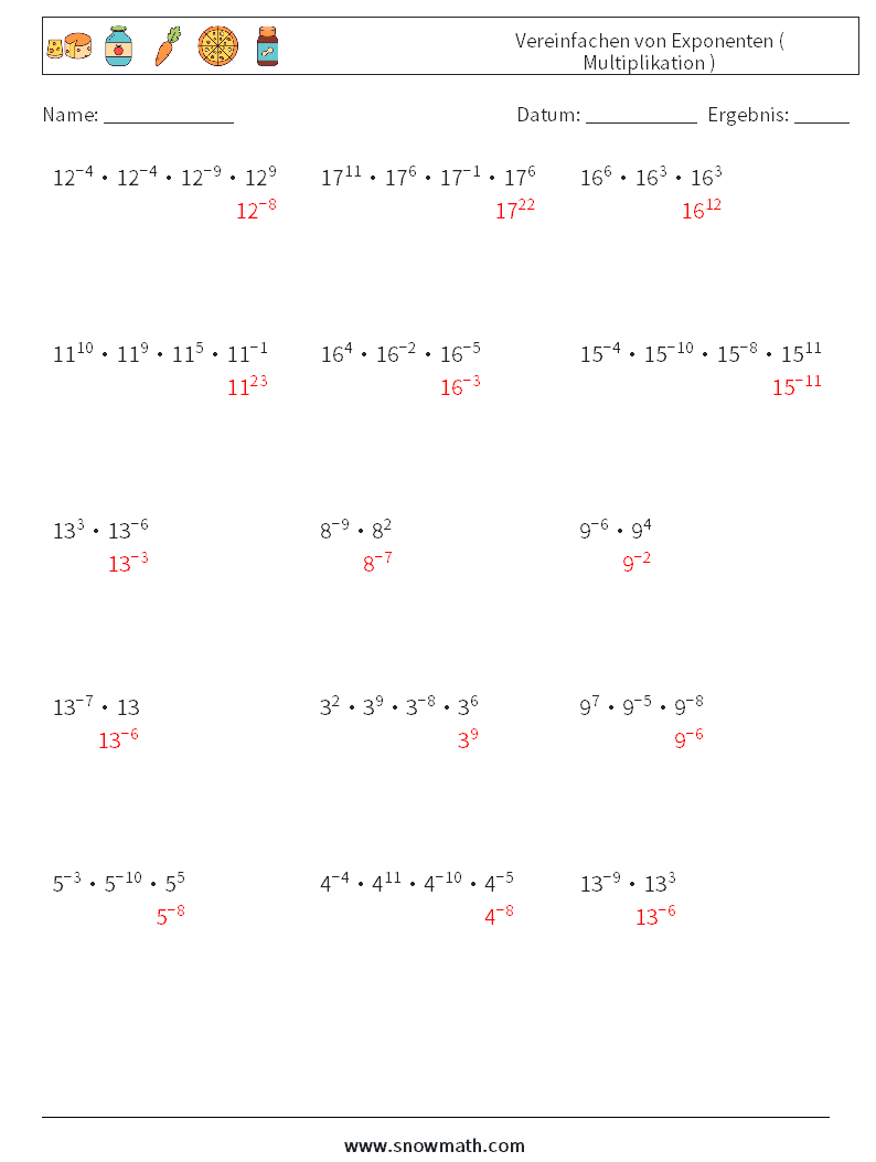 Vereinfachen von Exponenten ( Multiplikation ) Mathe-Arbeitsblätter 7 Frage, Antwort