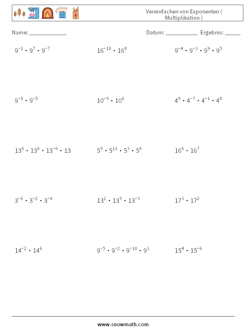 Vereinfachen von Exponenten ( Multiplikation ) Mathe-Arbeitsblätter 8