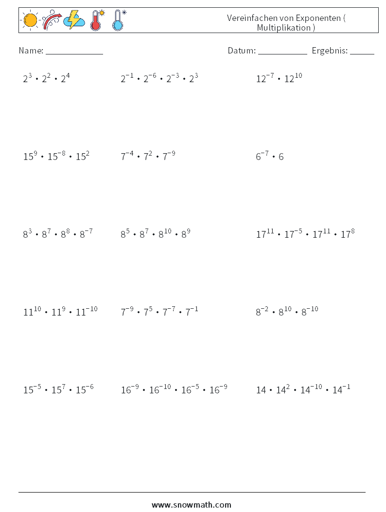 Vereinfachen von Exponenten ( Multiplikation ) Mathe-Arbeitsblätter 9