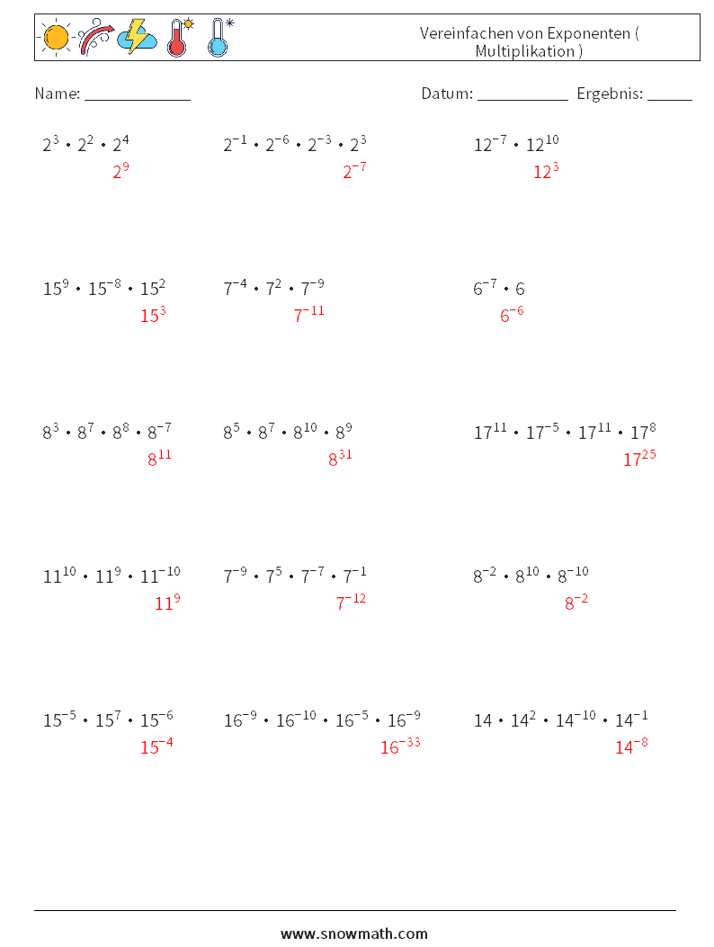 Vereinfachen von Exponenten ( Multiplikation ) Mathe-Arbeitsblätter 9 Frage, Antwort
