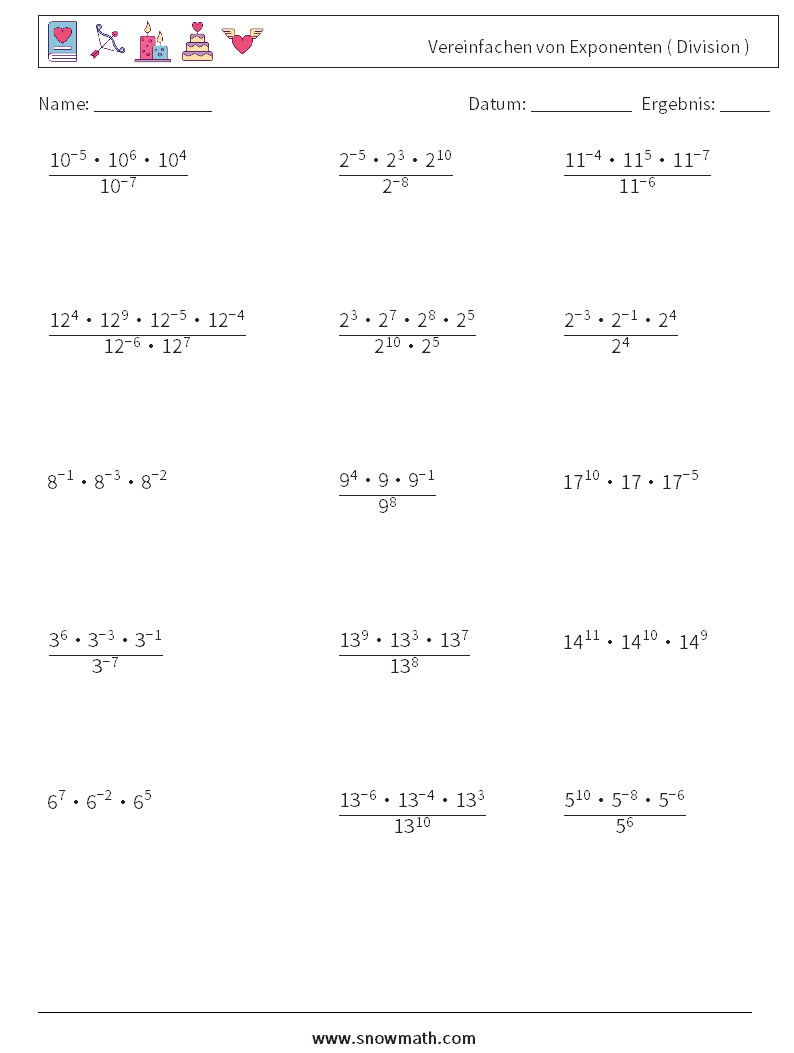 Vereinfachen von Exponenten ( Division ) Mathe-Arbeitsblätter 2
