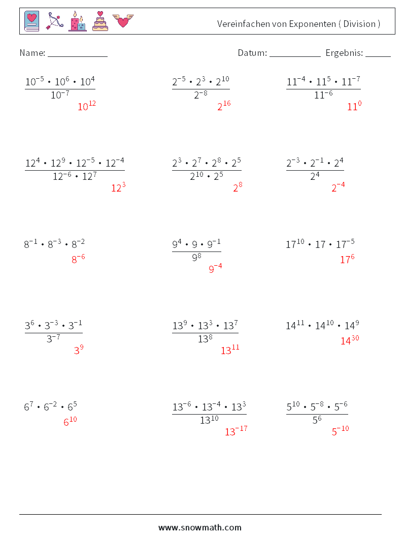 Vereinfachen von Exponenten ( Division ) Mathe-Arbeitsblätter 2 Frage, Antwort