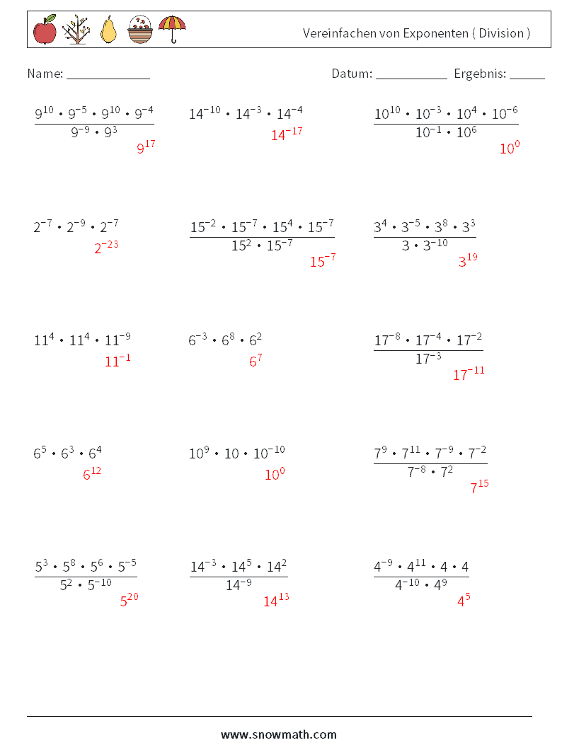 Vereinfachen von Exponenten ( Division ) Mathe-Arbeitsblätter 3 Frage, Antwort
