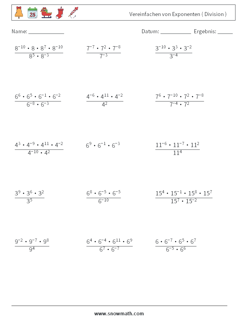 Vereinfachen von Exponenten ( Division ) Mathe-Arbeitsblätter 4
