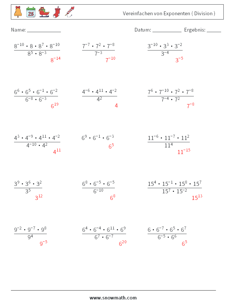 Vereinfachen von Exponenten ( Division ) Mathe-Arbeitsblätter 4 Frage, Antwort