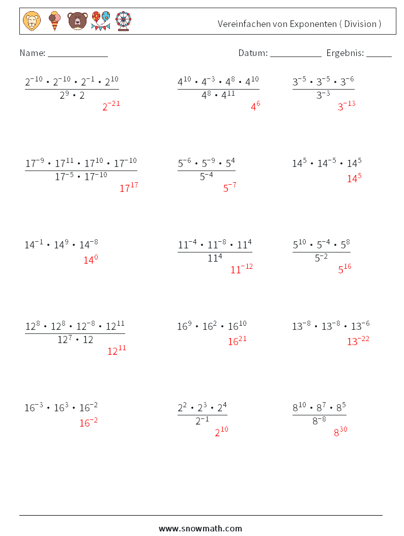 Vereinfachen von Exponenten ( Division ) Mathe-Arbeitsblätter 7 Frage, Antwort