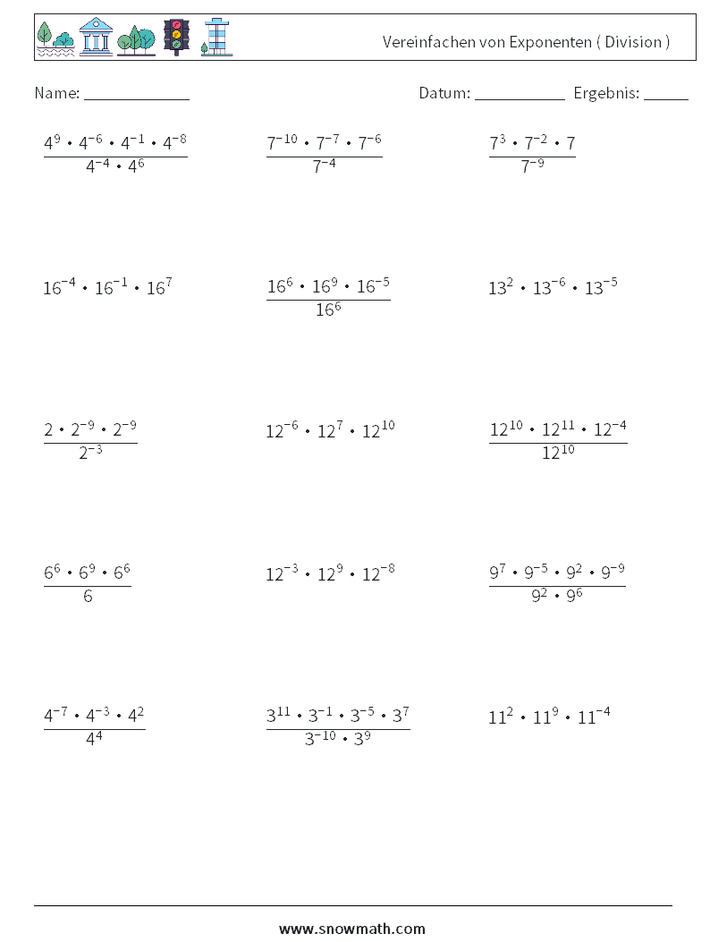 Vereinfachen von Exponenten ( Division ) Mathe-Arbeitsblätter 8