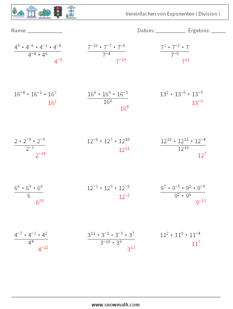 Vereinfachen von Exponenten ( Division ) Mathe-Arbeitsblätter 8 Frage, Antwort