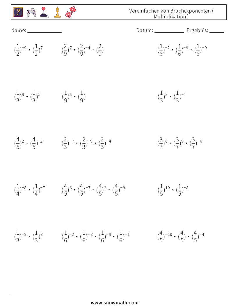 Vereinfachen von Bruchexponenten ( Multiplikation ) Mathe-Arbeitsblätter 2
